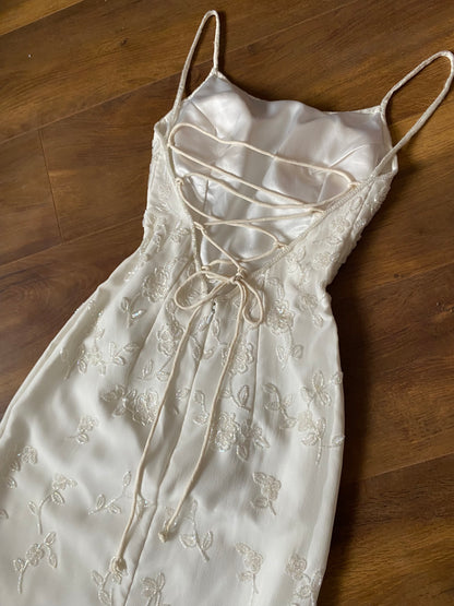 Ivory petite 100% silk beaded wedding dress uk 6