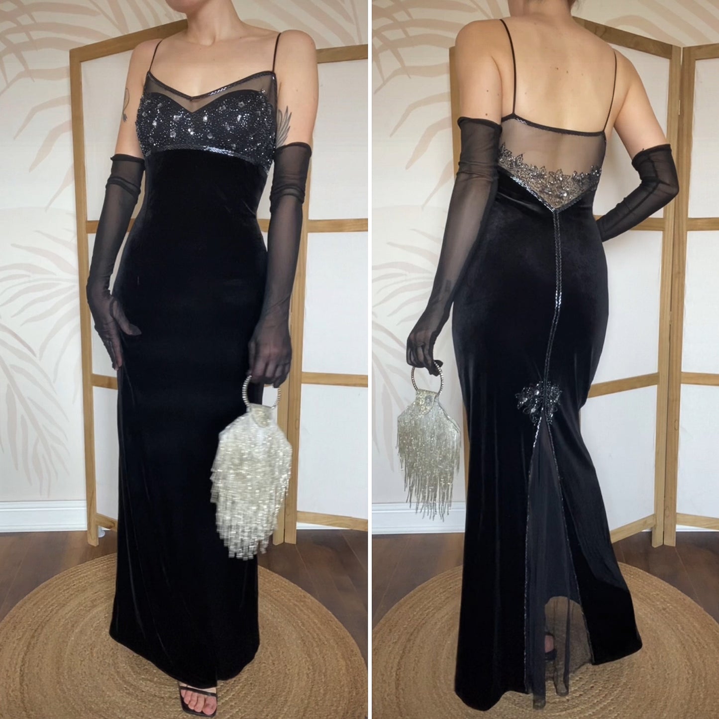 Black Dave & Johnny velvet beaded stretch evening dress UK 14