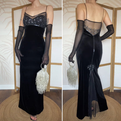 Black Dave & Johnny velvet beaded stretch evening dress UK 14