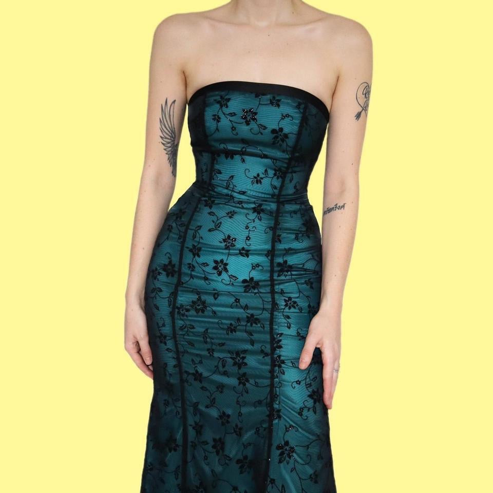 Morgan & Co teal glitter strapless evening dress UK 8-10