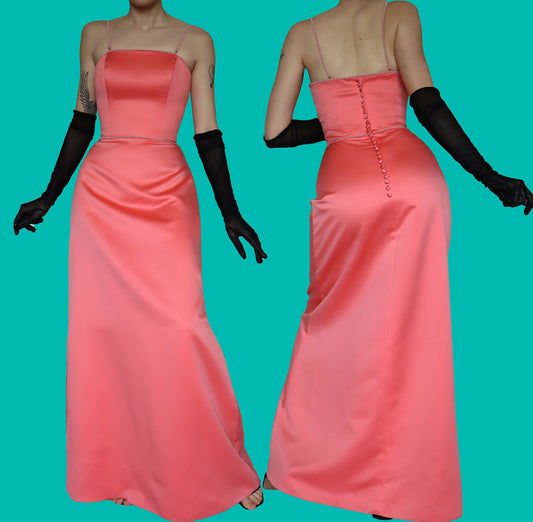 Vintage Hilary Morgan coral pearl evening gown UK 10