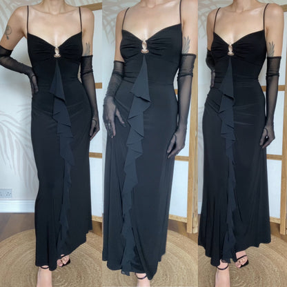 Black 90s stretch frill slip dress UK 12-14