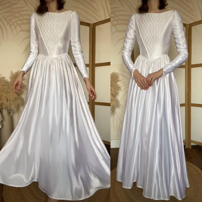 White satin long sleeve vintage wedding dress uk 8