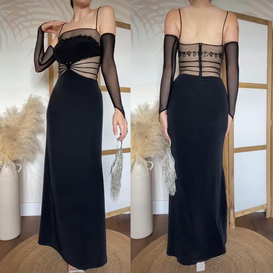 Black sheer beaded evening dress uk 10