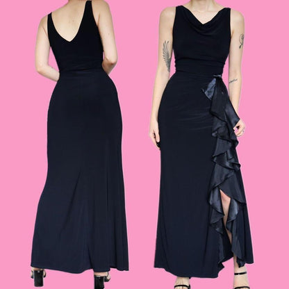 Betsy & Adam navy stretch satin frill dress uk 10-12