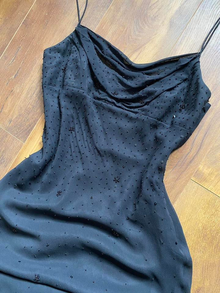 Dave & Johnny 100% silk beaded black evening dress uk 14