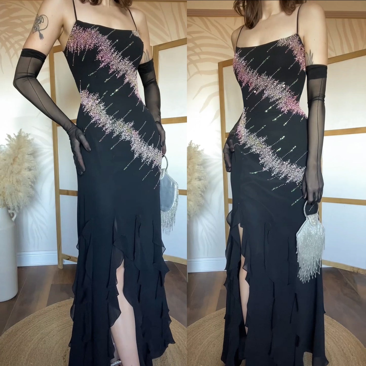 YVE London black & pink beaded evening dress uk 12-14