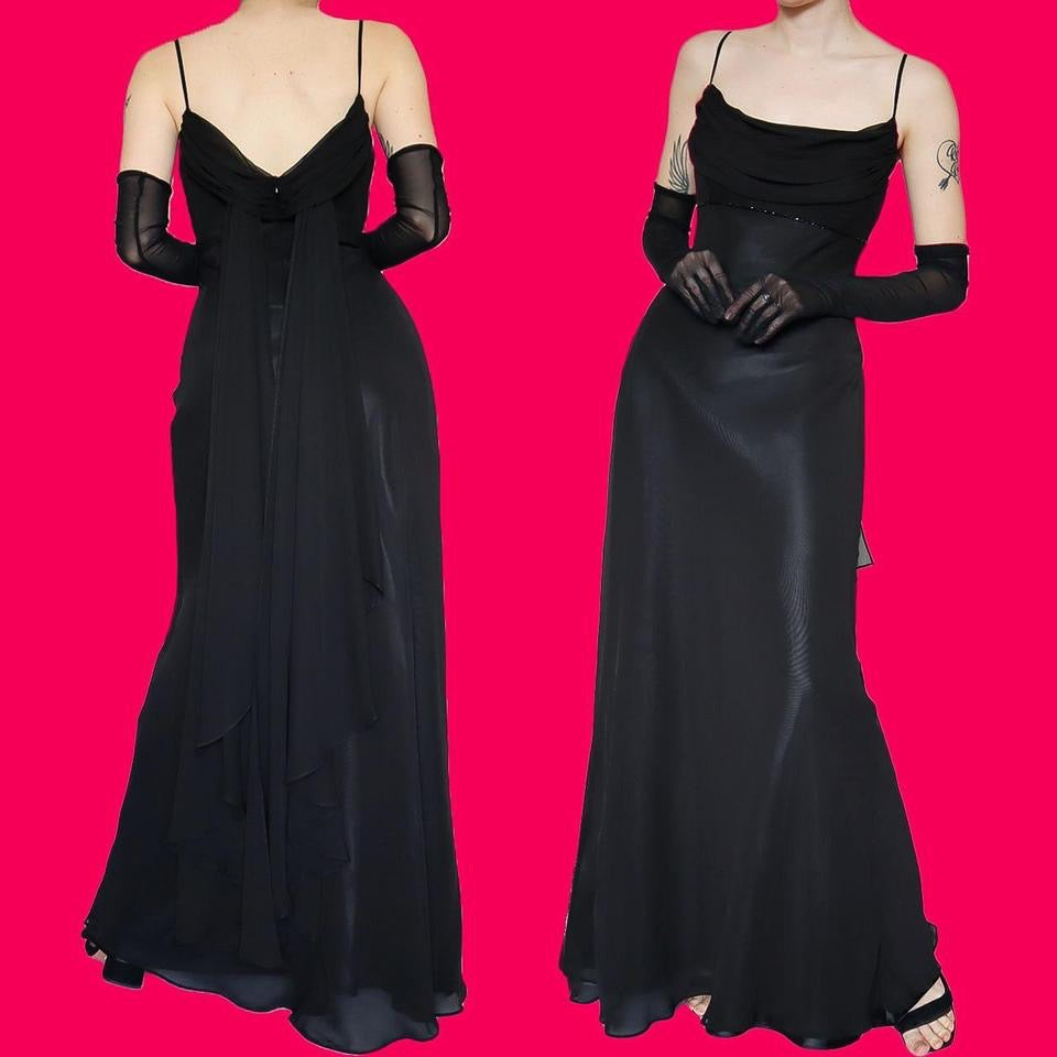 Tiffanys black chiffon evening gown UK 14