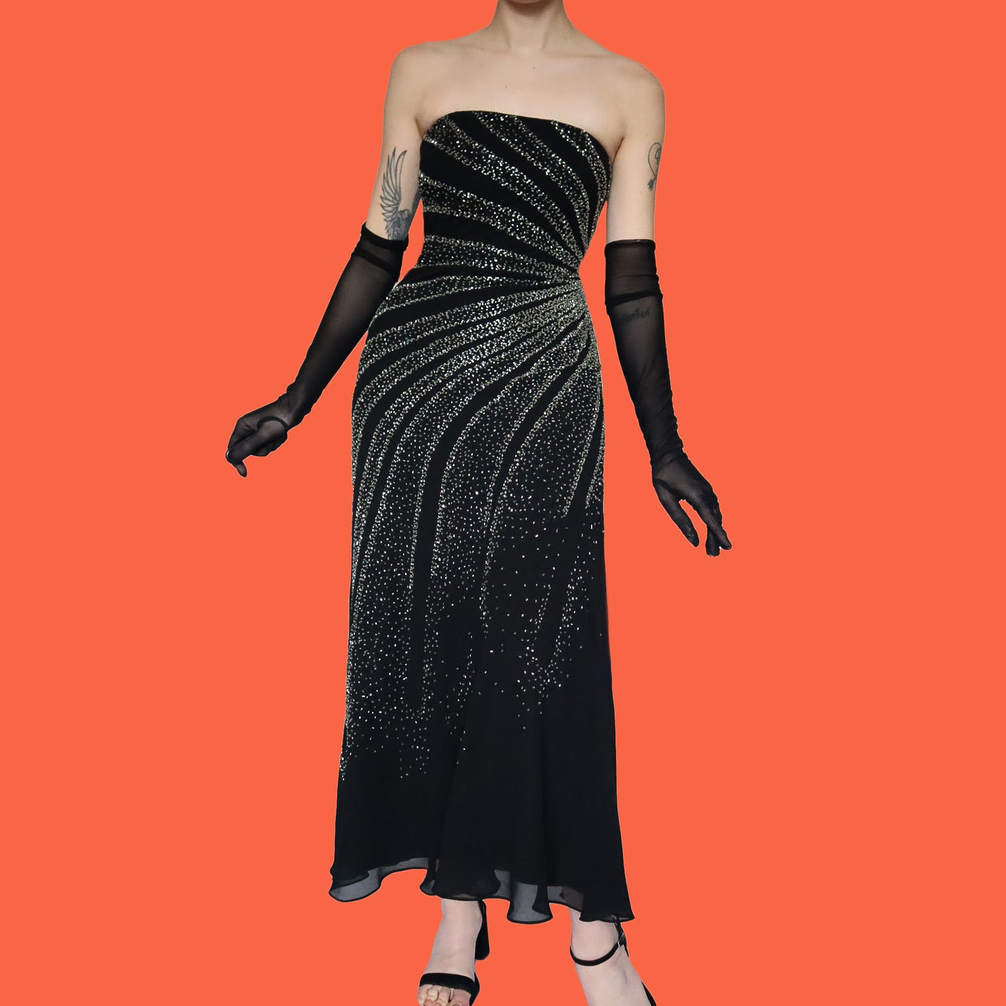 Black beaded strapless gown UK 12