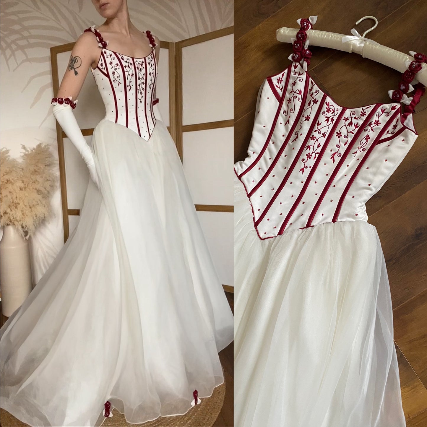 Gorgeous white & red wedding dress & gloves uk 10