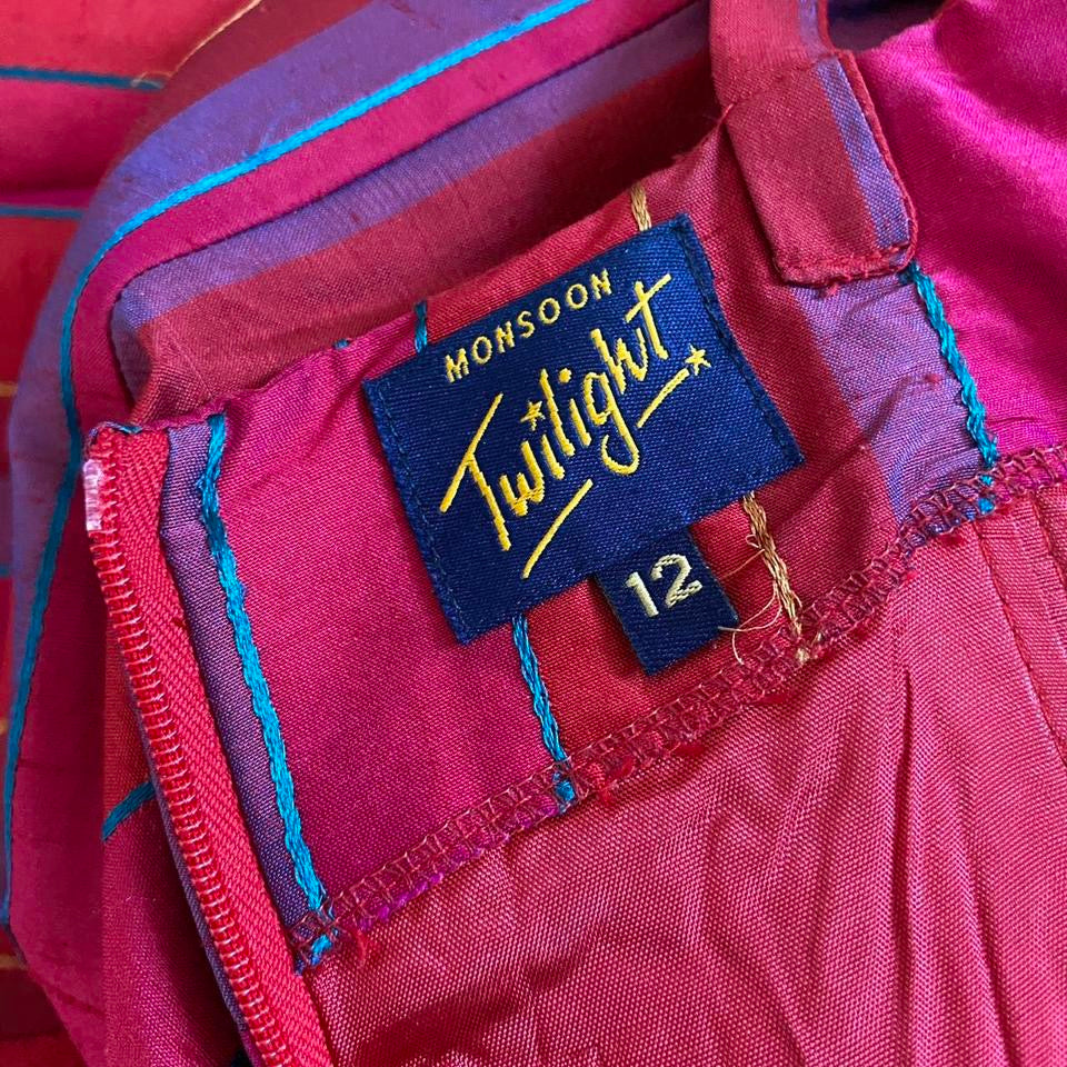 Monsoon Twilight 100% raw silk a-line evening dress uk 12