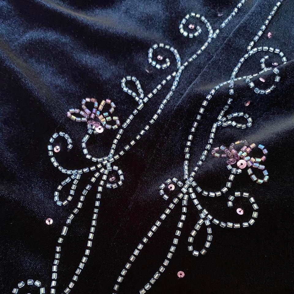 Black velvet beaded evening dress UK 14