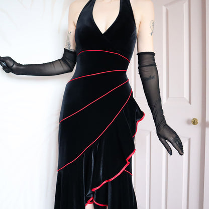 Vintage Niki Livas black velvet halter neck gown UK 12 & 14