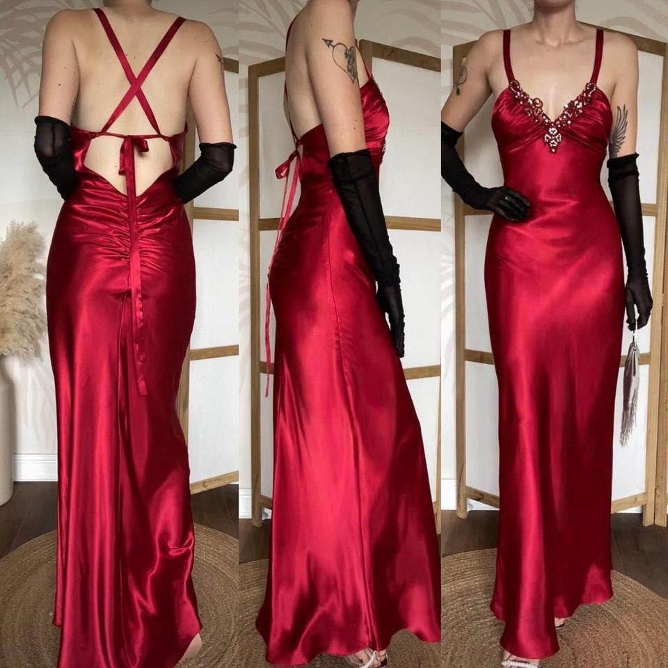 Niki Livas red satin prom dress uk 10