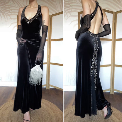 Flori Design black velvet beaded evening dress UK 14