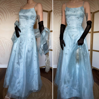 Light blue a-line organza beaded prom dress & shawl UK 12
