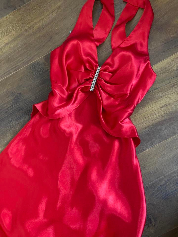 Niki Livas petite red satin prom dress uk 8