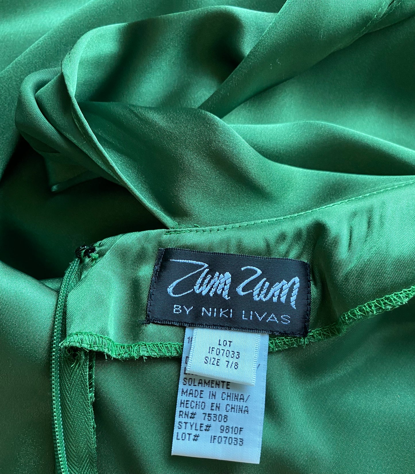 Green satin open back evening gown UK 12