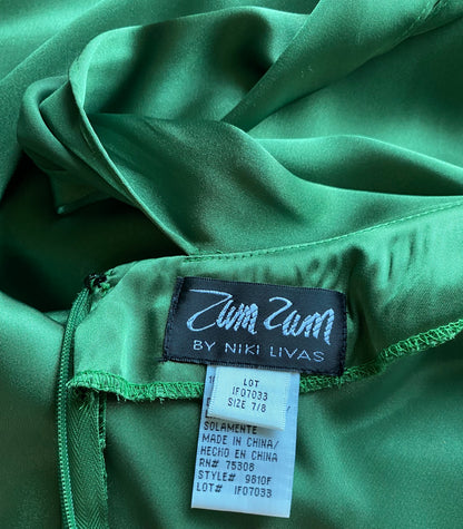 Green satin open back evening gown UK 12