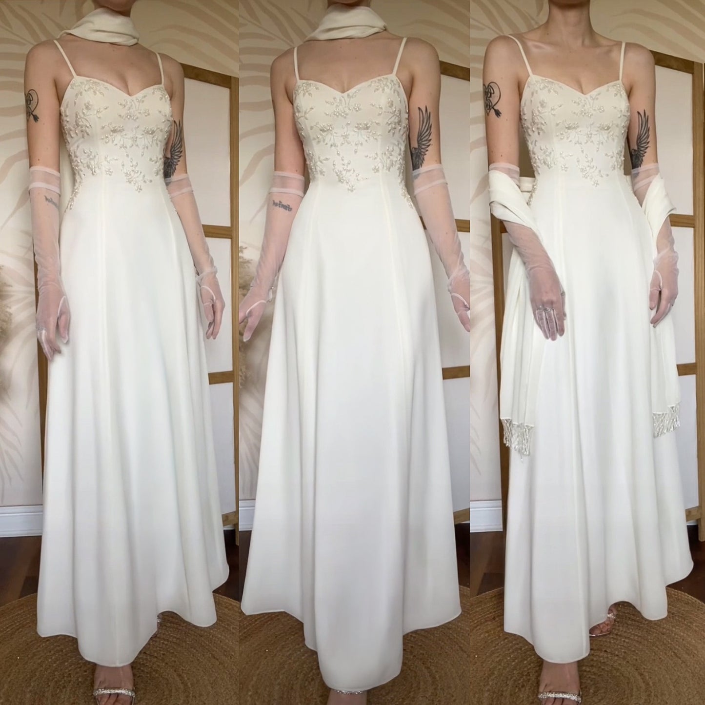 90s ivory beaded a-line wedding dress & shawl uk 6-8
