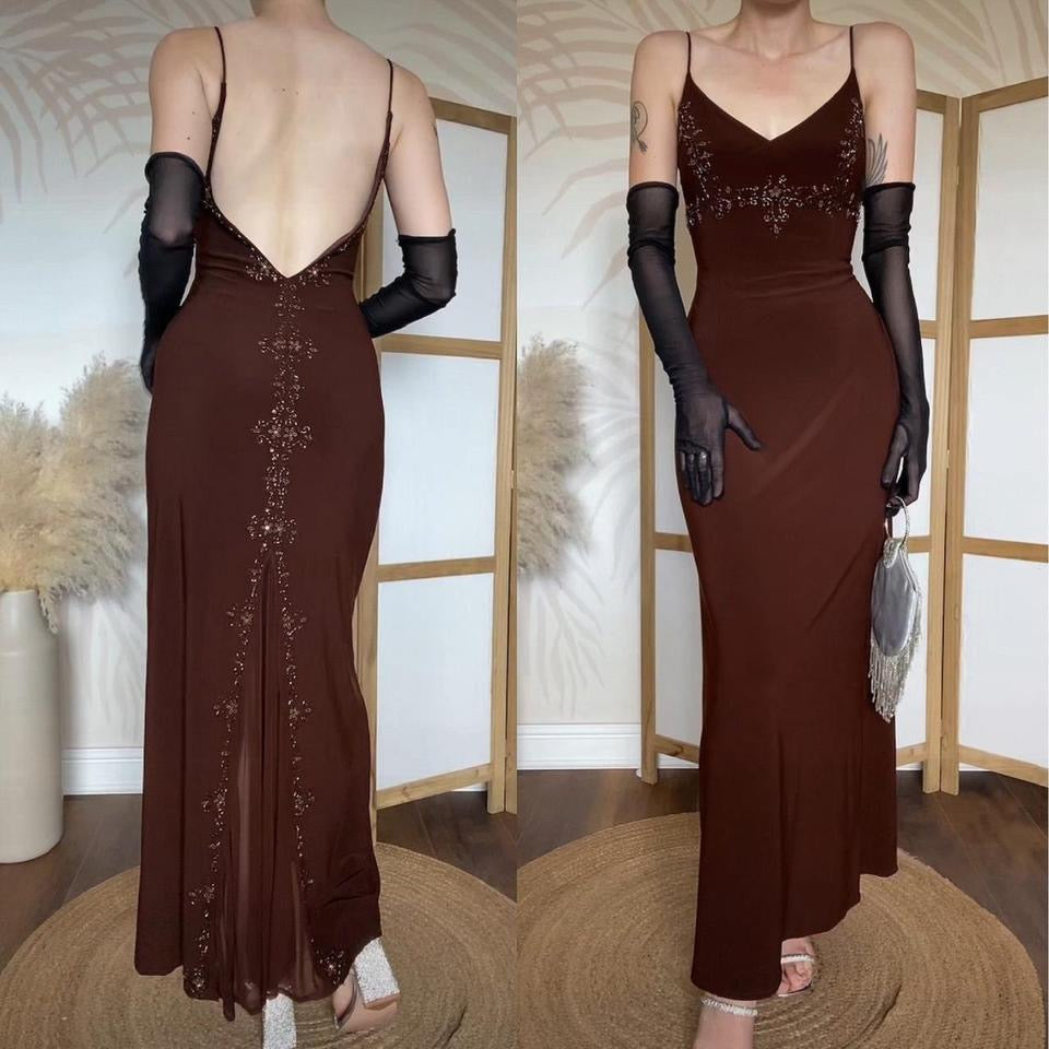 Dave & Johnny brown stretch beaded dress uk 10-12