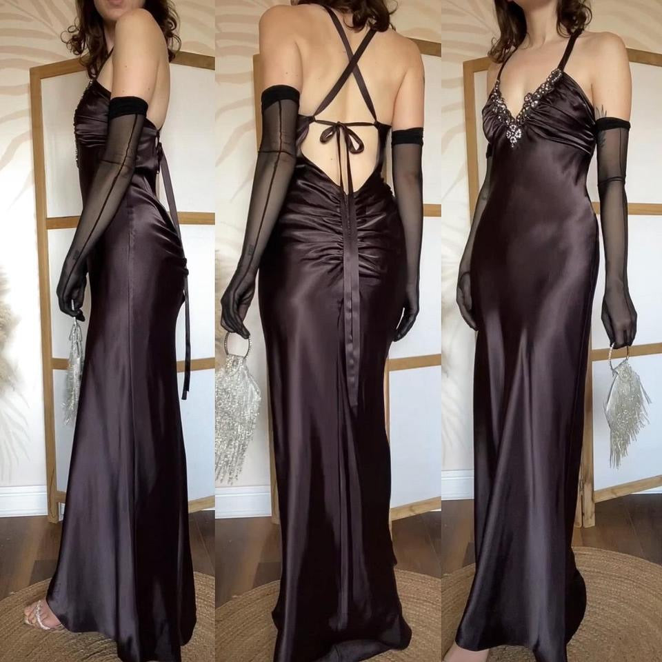 Niki Livas brown satin evening dress uk 10
