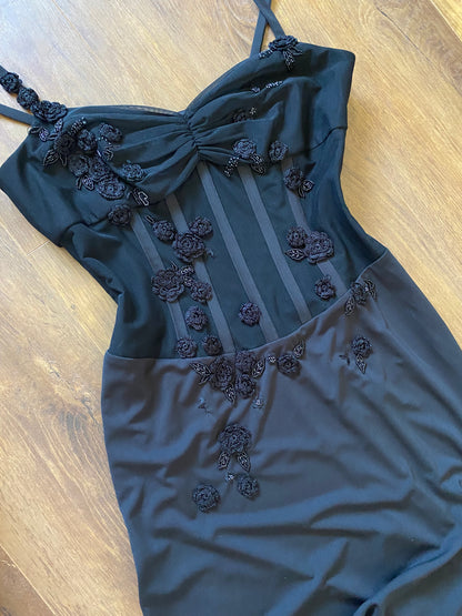 Black Dusk stretch sheer waist evening dress UK 12