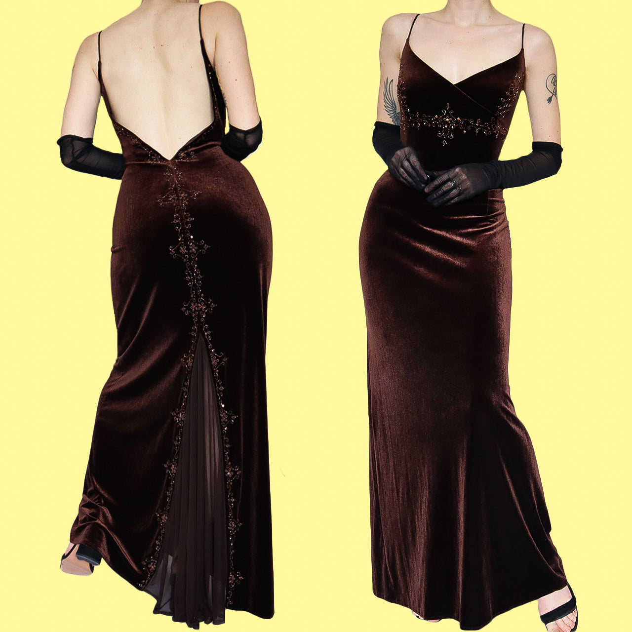 Brown velvet beaded Dave & Johnny evening gown UK 16