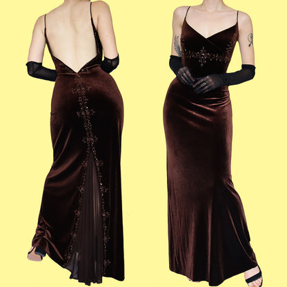 Brown velvet beaded Dave & Johnny evening gown UK 16
