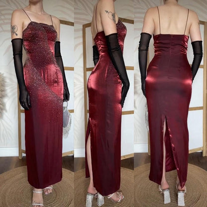 Yve London red shimmery beaded evening dress uk 8-10