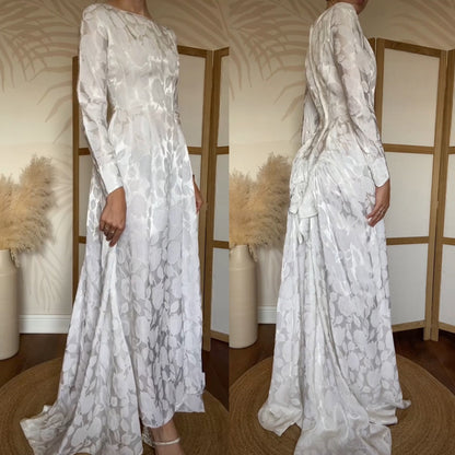 70s white damask floral long sleeve wedding dress uk 8-10