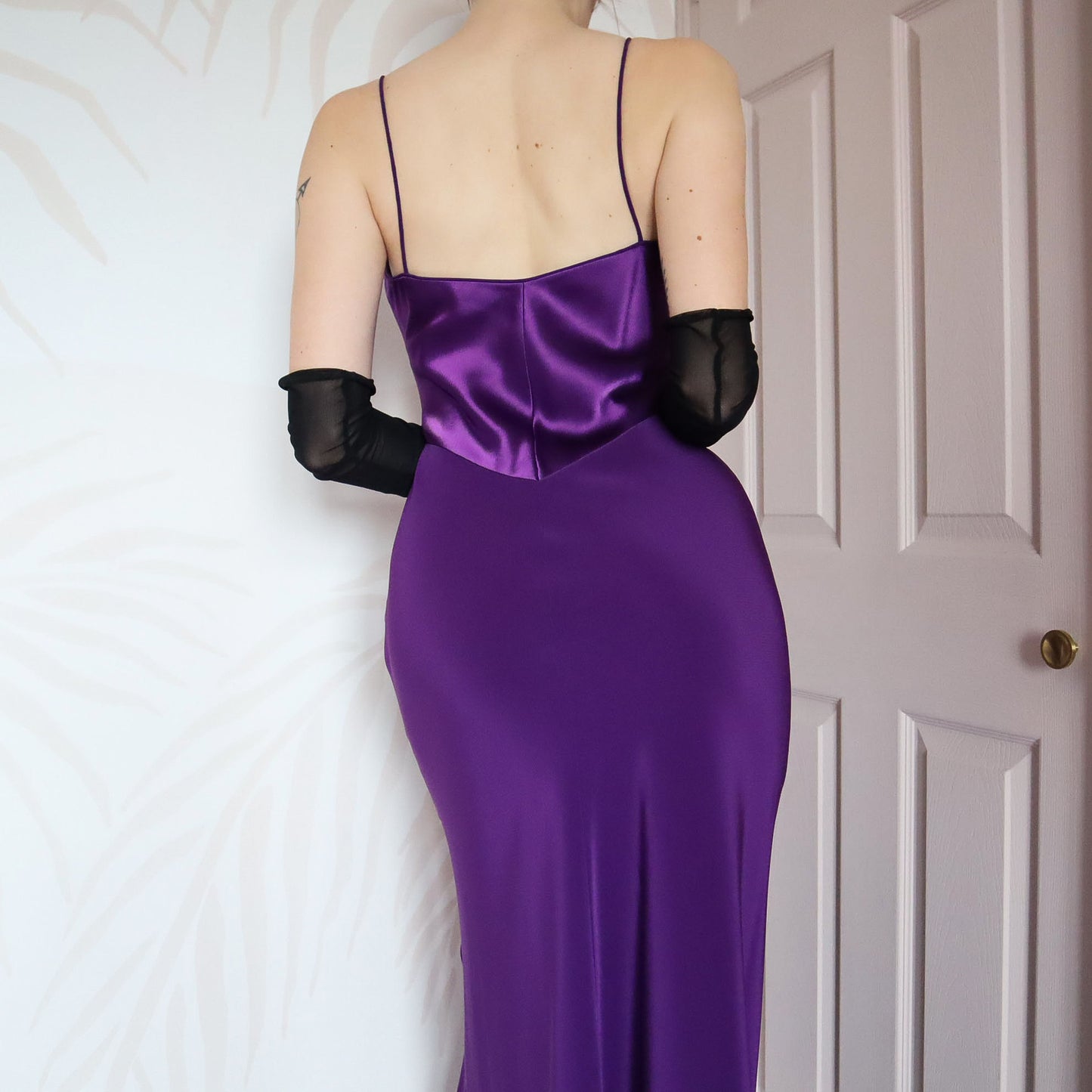 Purple satin panel slip evening gown UK 12