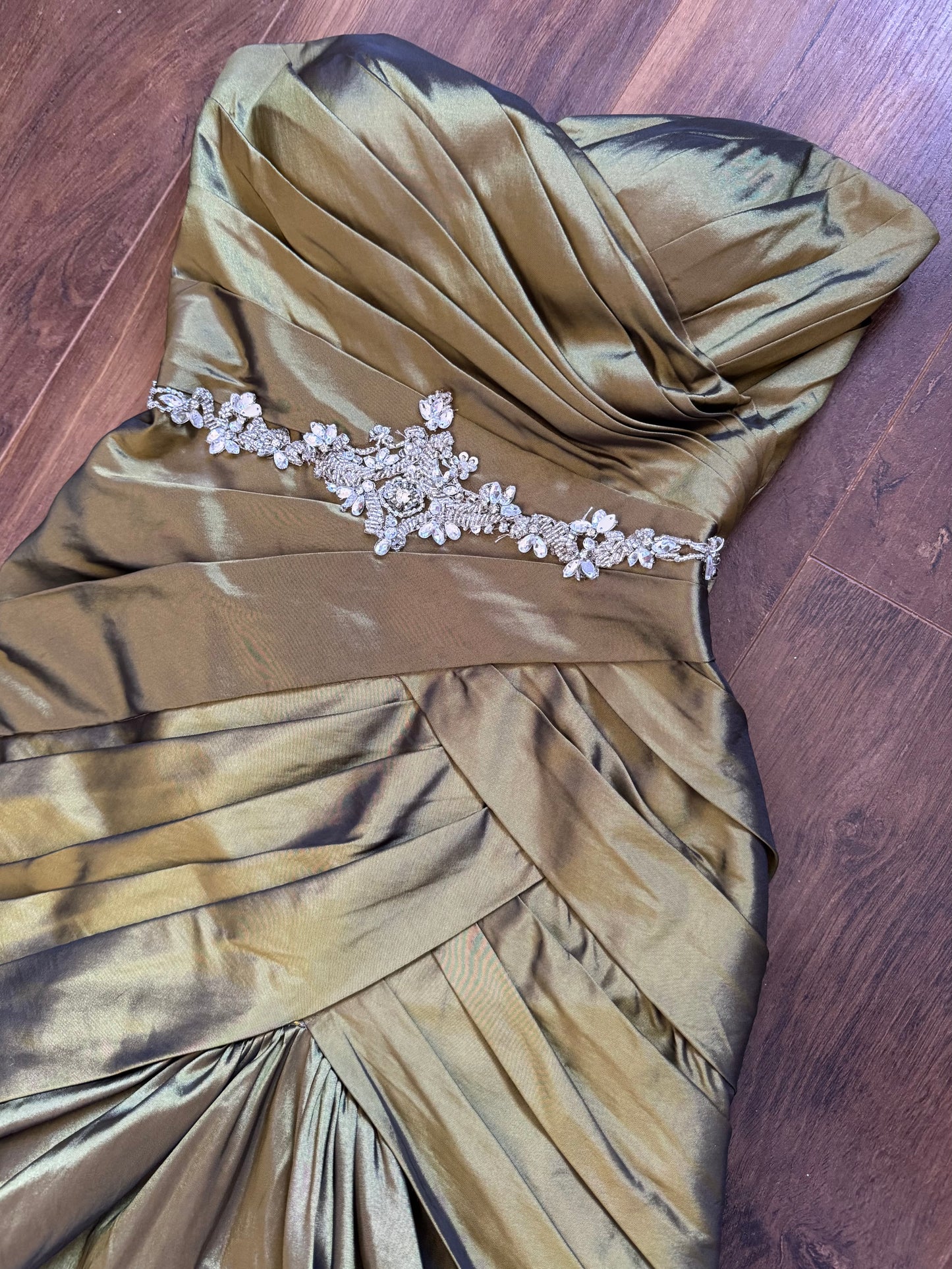Olive green taffeta strapless prom dress uk 8