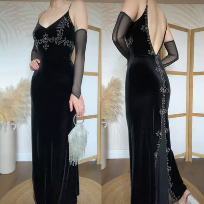 Black velvet beaded stretch evening dress uk 12-14