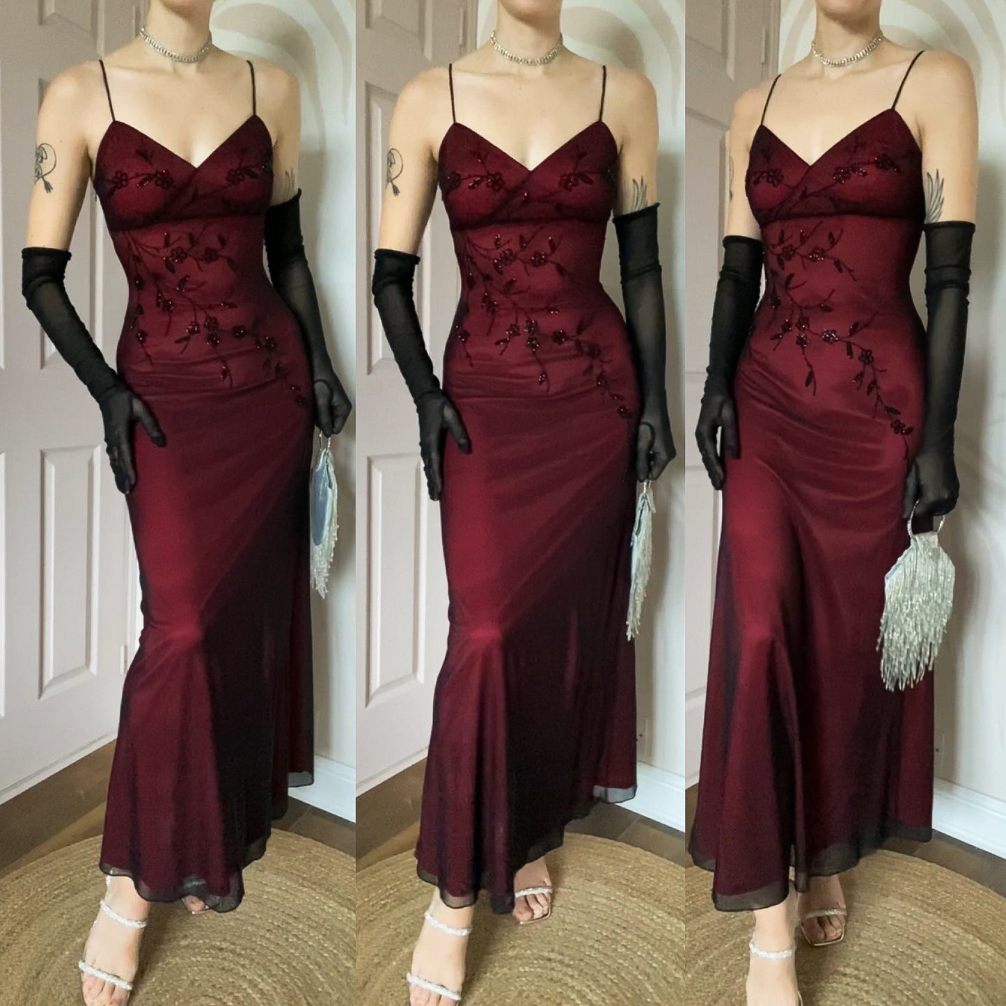 John Charles 90s red stretch beaded evening dress UK 10
