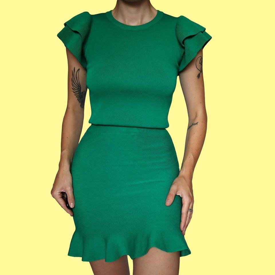 Green knit 2 piece top & skirt set UK S