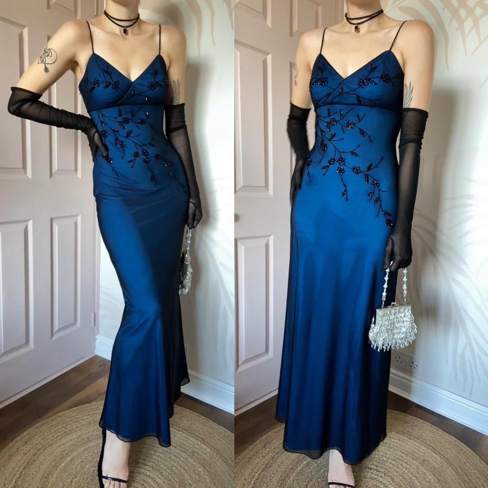 John Charles vintage 90s blue beaded dress UK 8-10