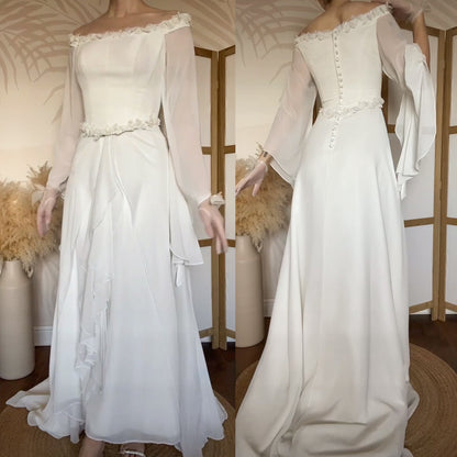 White petite off shoulder long sleeve vintage wedding dress uk 14