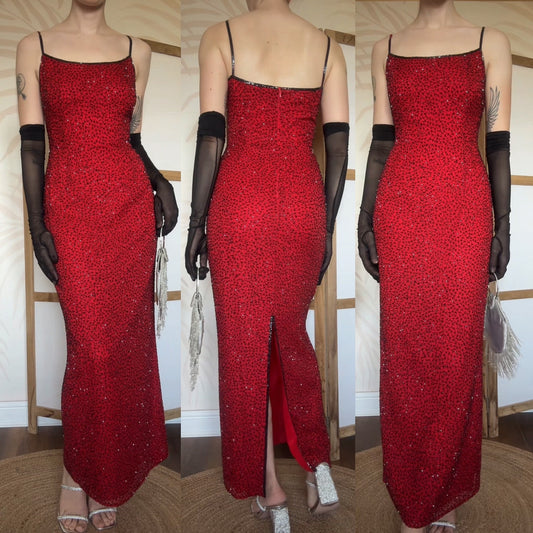 Red 100% silk beaded evening dress uk 12
