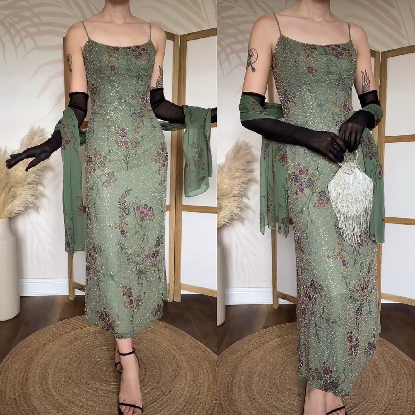 Mon Cheri green silk beaded dress & shawl uk 12