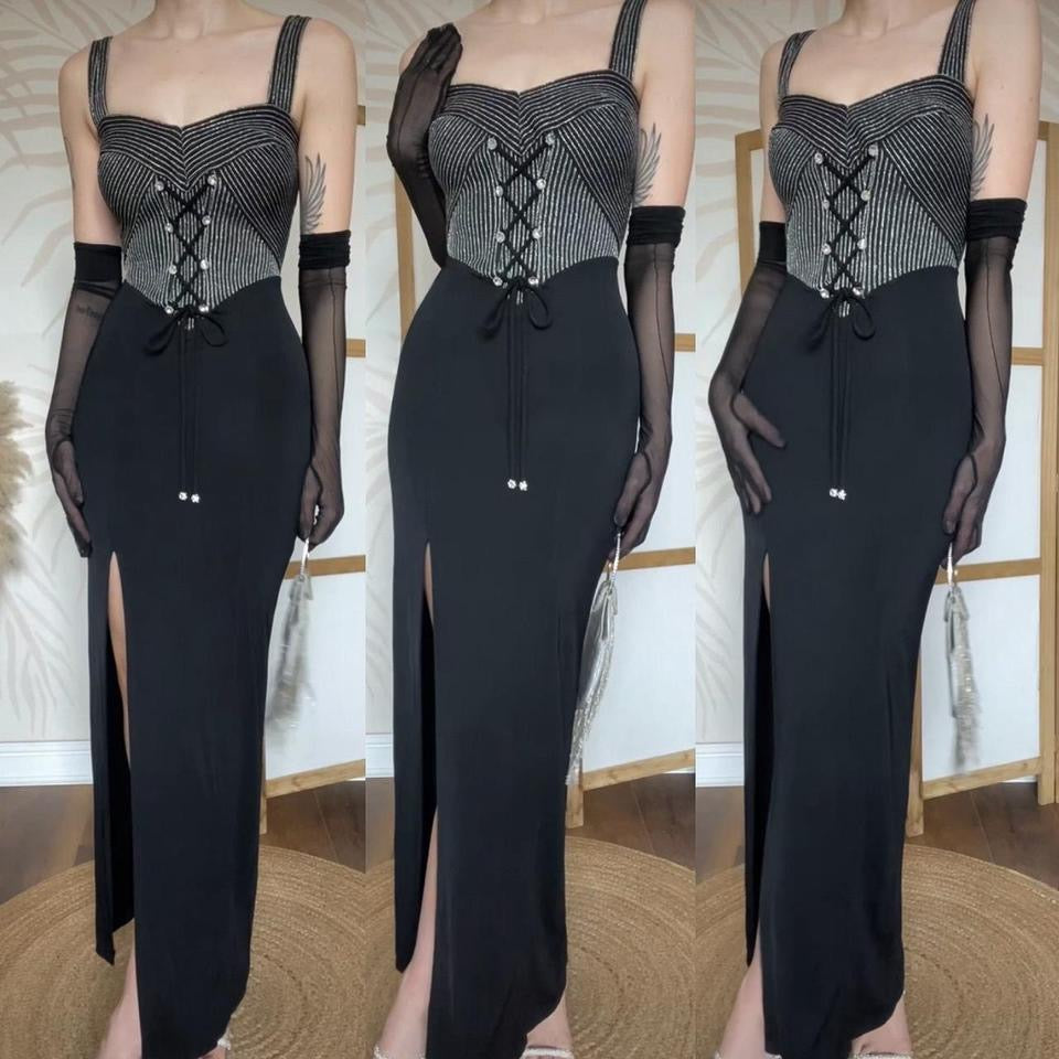 Tadashi black stretchy evening dress uk 8-10