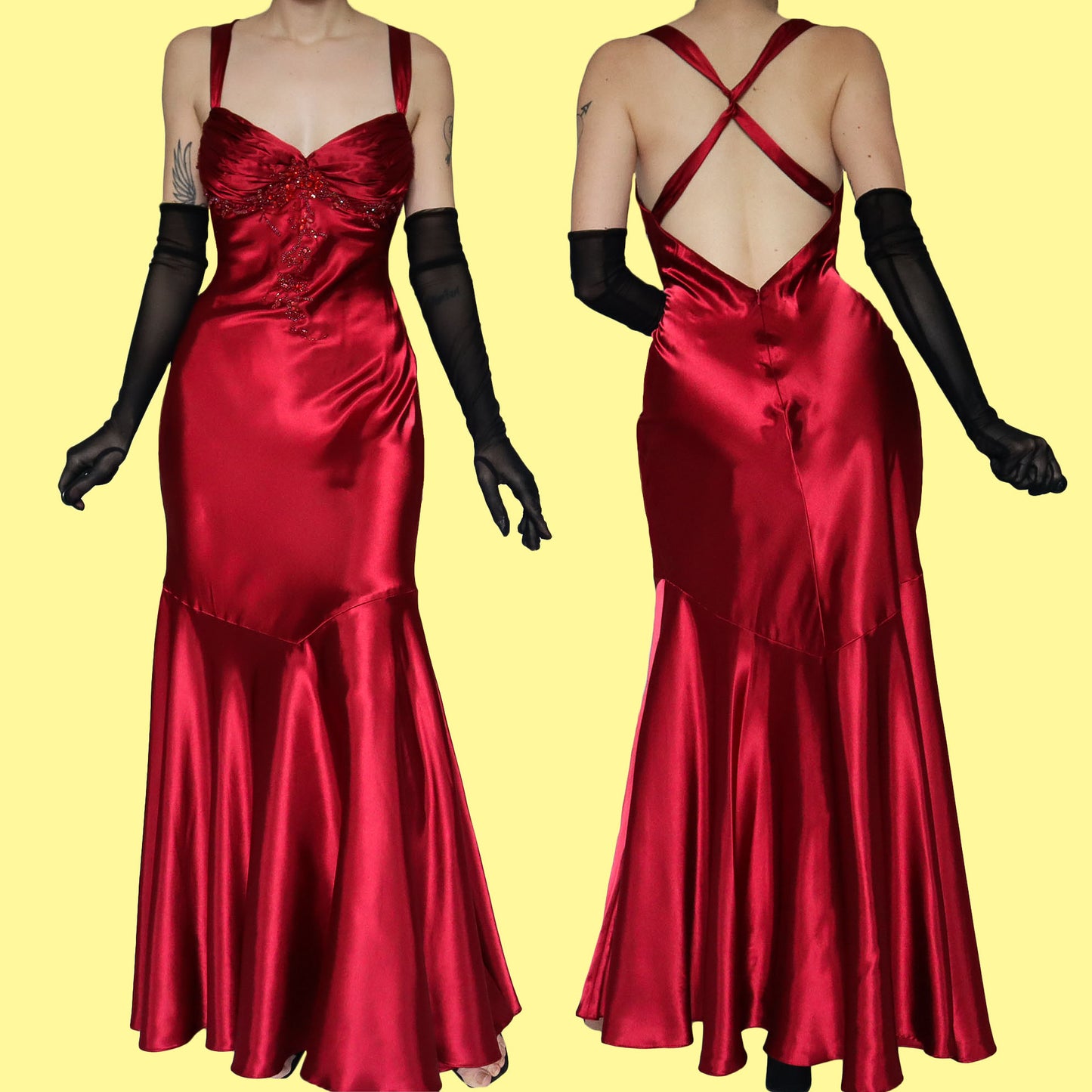 Red satin fishtail evening gown UK 10