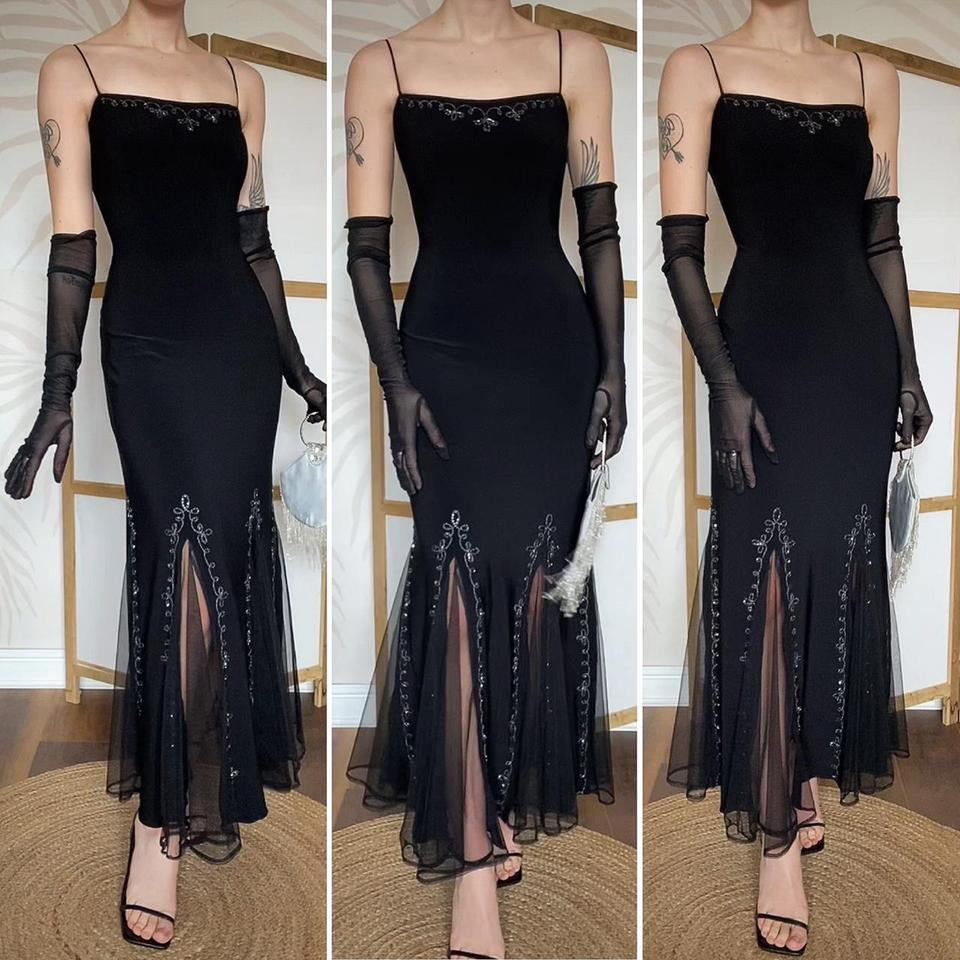 Flori black stretch lace up back evening dress uk 14-16