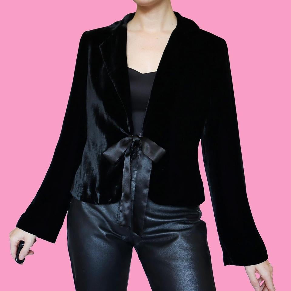 Black velvet evening jacket with bow UK 14