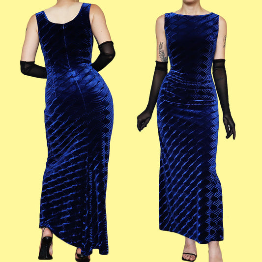 Jessica McClintock blue velvet evening dress UK 14