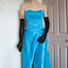 Load image into Gallery viewer, Blue Charas strapless lace up back evening gown UK 10/12
