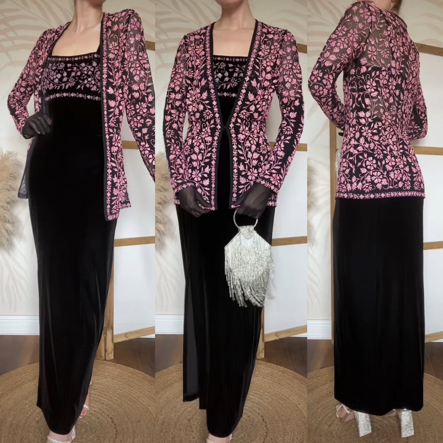 Tadashi black & pink beaded 2 piece dress and jacket uk 12