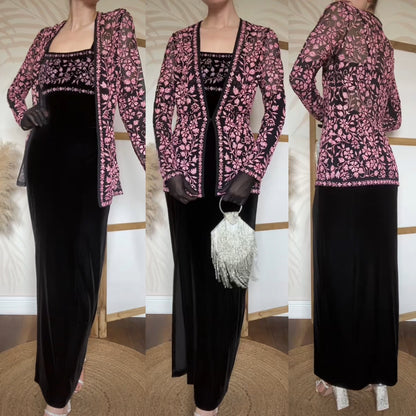 Tadashi black & pink beaded 2 piece dress and jacket uk 12