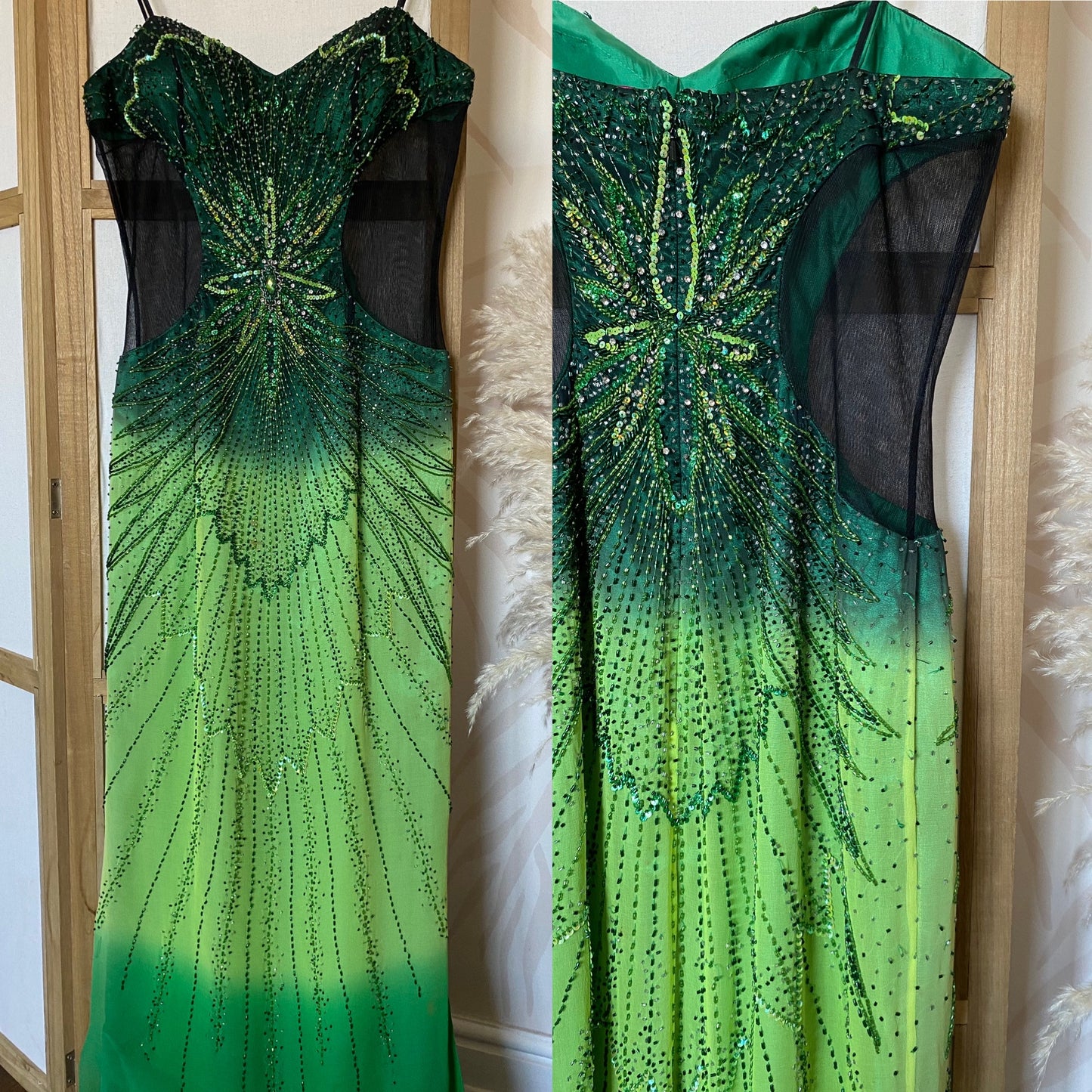 Green pure silk beaded prom dress uk 10