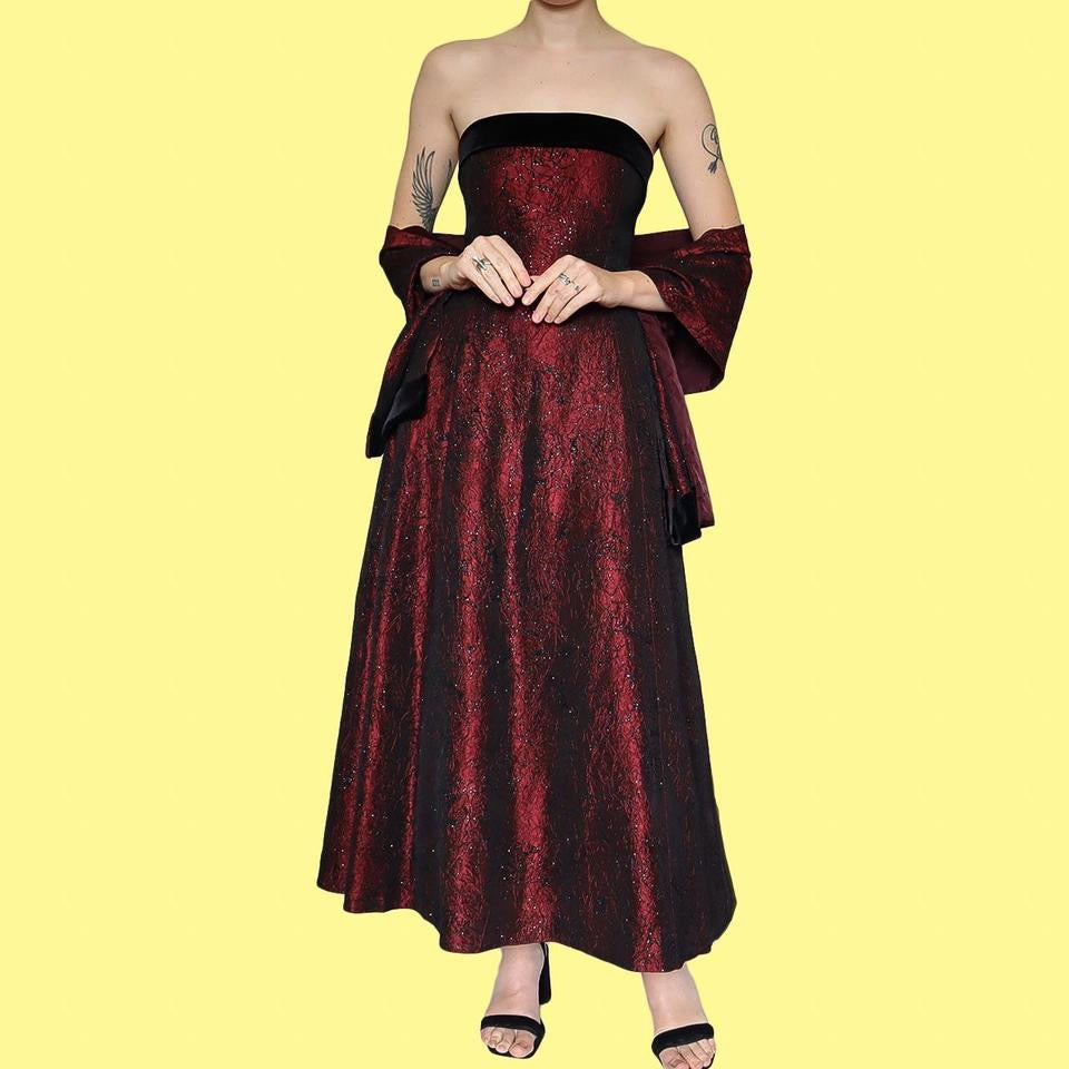 Glittery red Mosaic strapless evening gown & shawl UK 14